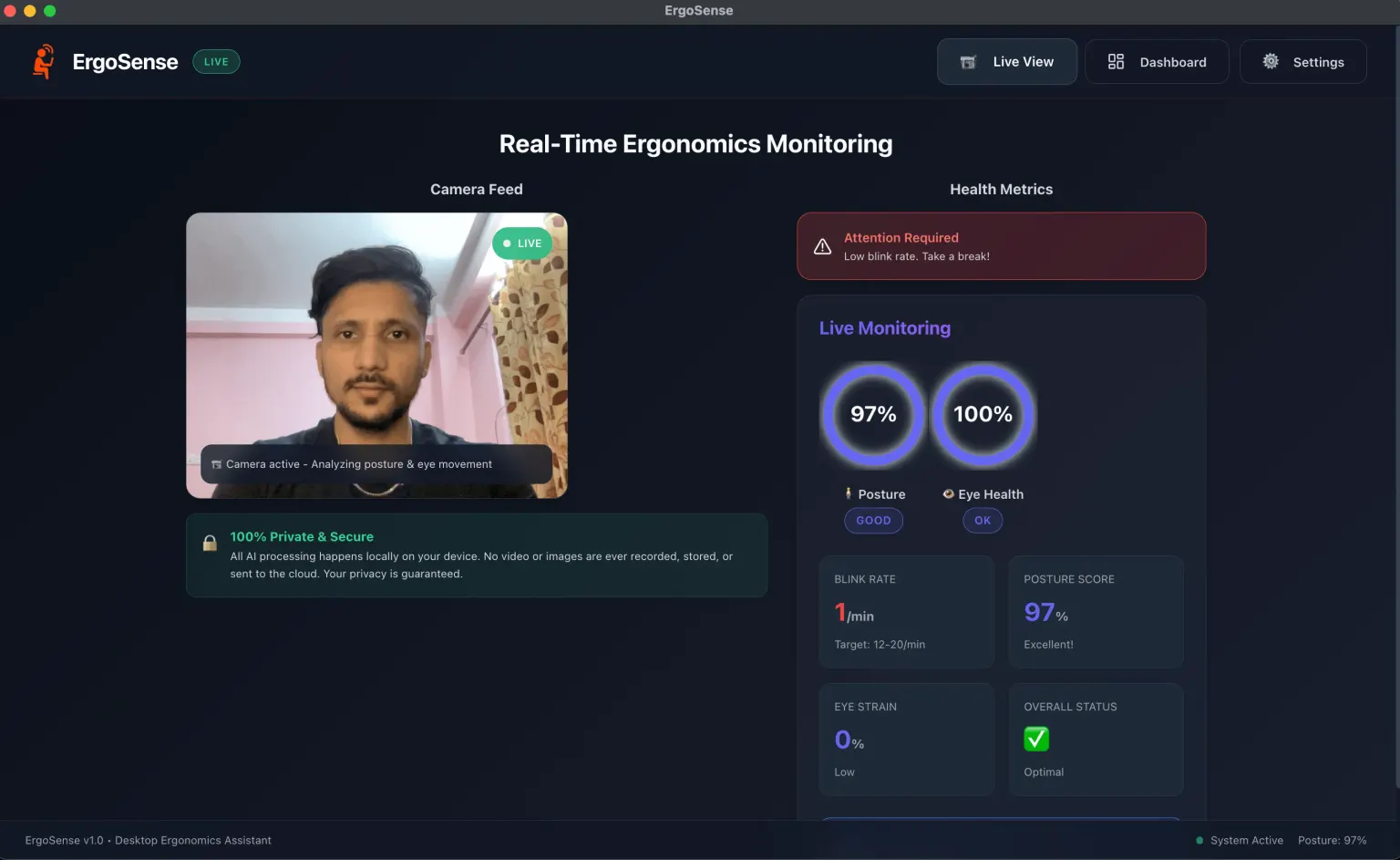 The ErgoSense live view: a webcam frame with posture landmarks overlaid, beside current posture score, blink rate and eye-strain readings.