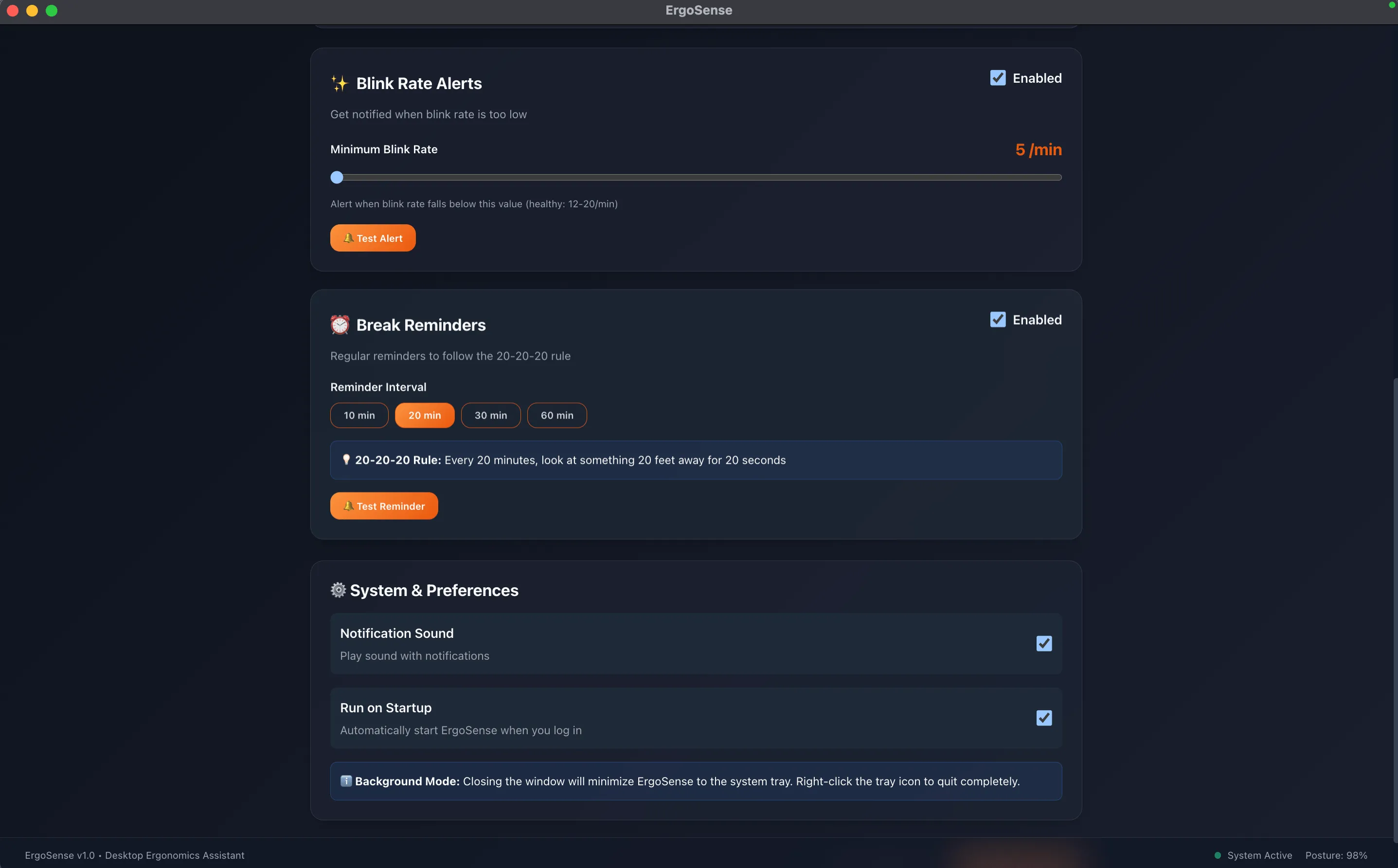 ErgoSense settings panel for customising alerts and reminder intervals